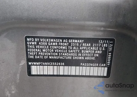 2012 Volkswagen Cc Sport from USA, damaged, VIN WVWMP7AN9CE552636